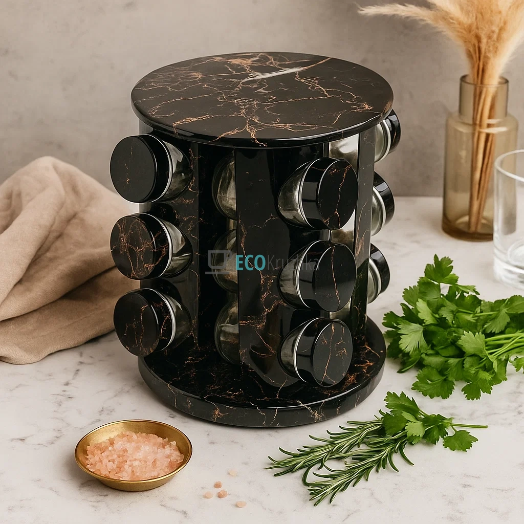 Набір для спецій карусель на 12 ємностей Чорний Мармур APL1727 Набір для спецій карусель на 12 ємностей Чорний Мармур APL1727