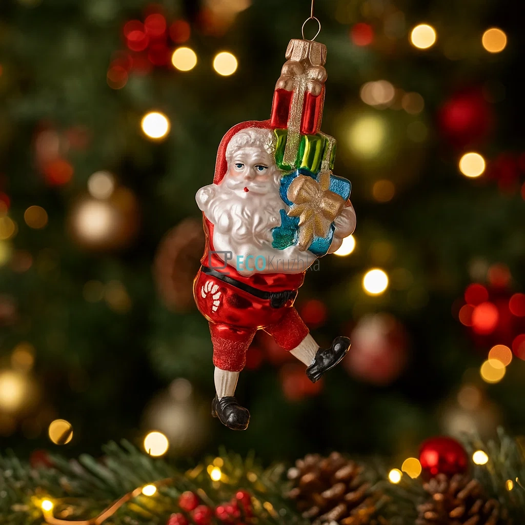 Новорічна скляна фігурна прикраса 6 шт "Санта з подарунками", 18 см (модель NY29-334)