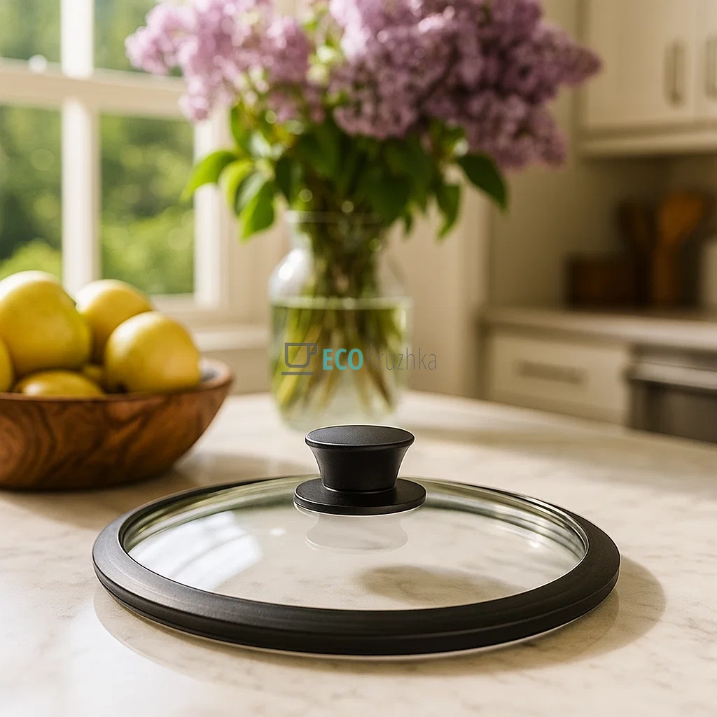 Кришка 18 см скляна з силіконовим обідком та ручкою FRU-982