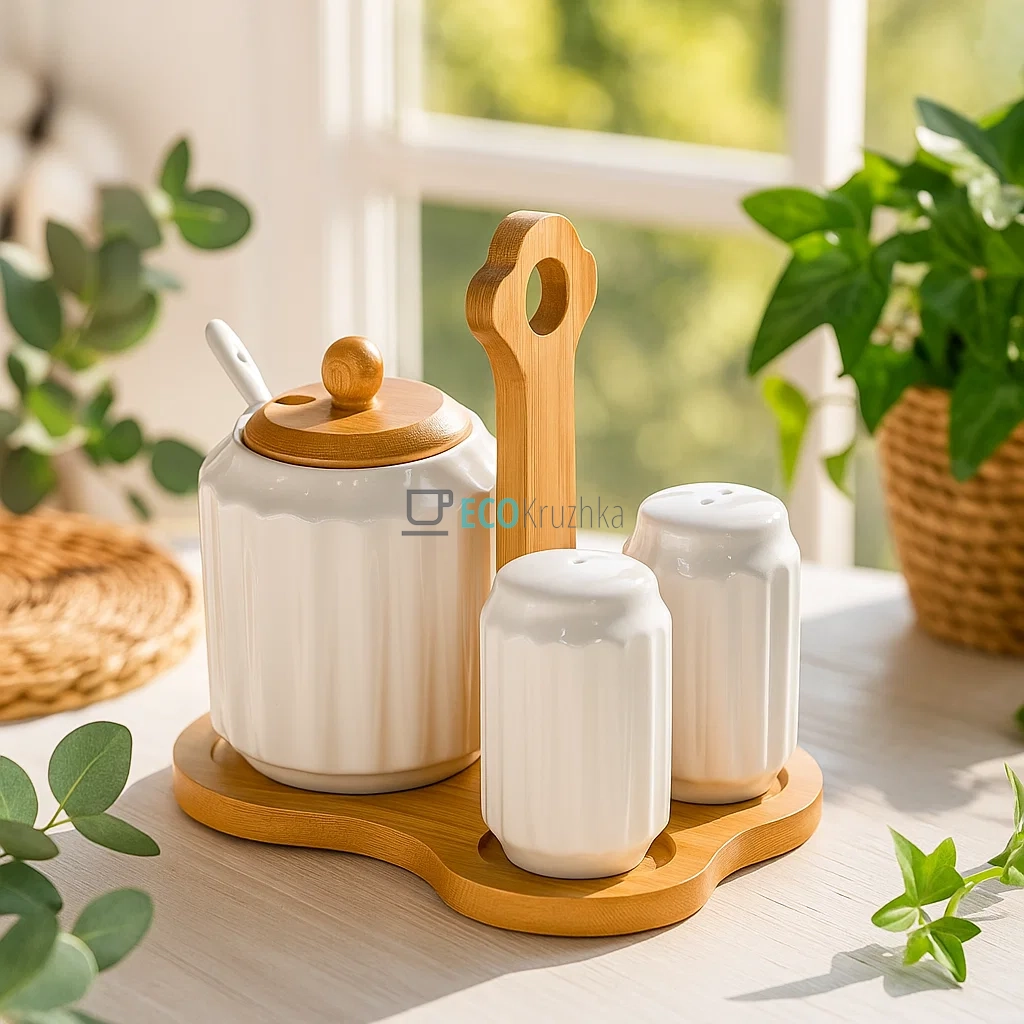 Набір для спецій Naturel — сільничка, перечниця і цукорниця з ложкою на бамбуковій підставці (289-378) Набір для спецій Naturel — сільничка, перечниця і цукорниця з ложкою на бамбуковій підставці (289-378)