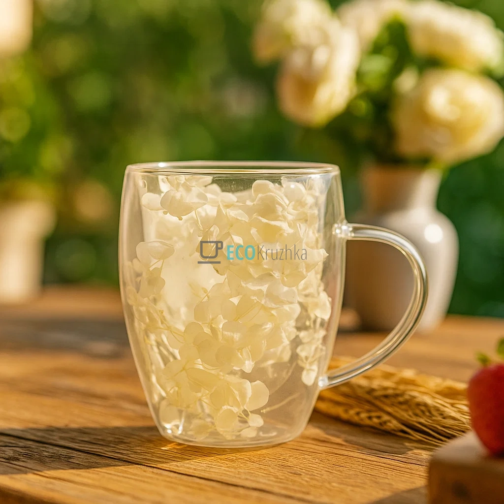 Скляна чашка з подвійними стінками та сухоцвітами 330 мл (R10862)