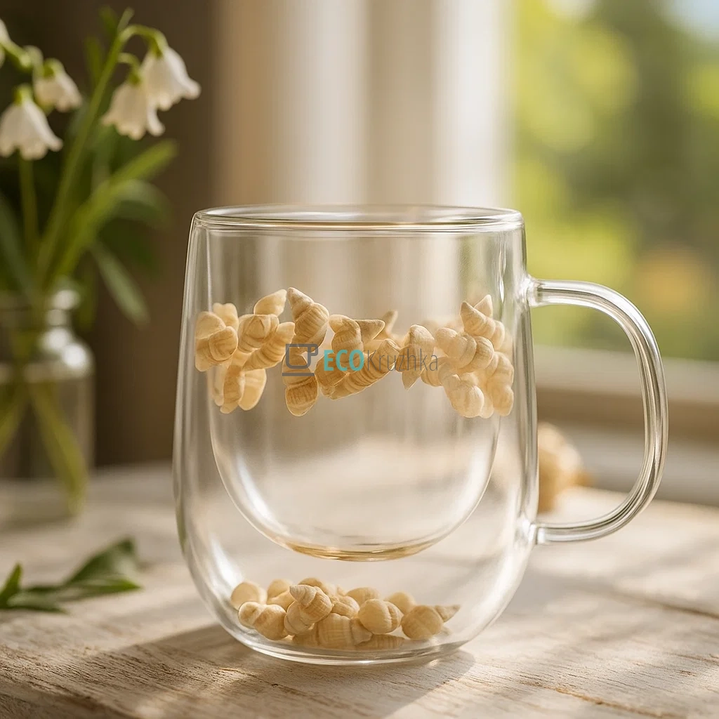 Скляна чашка з подвійними стінками 320 мл з морськими мушлями – прозора термочашка для чаю і кави (R10131) Скляна чашка з подвійними стінками 320 мл з морськими мушлями – прозора термочашка для чаю і кави (R10131)