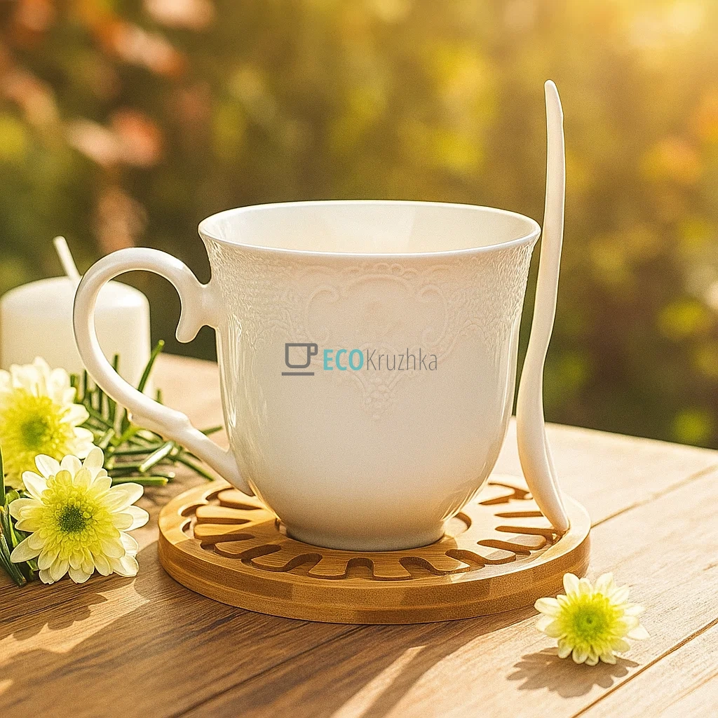 Чашка 300 мл із ложкой на бамбуковій підставці PJ03382 Чашка 300 мл із ложкой на бамбуковій підставці PJ03382