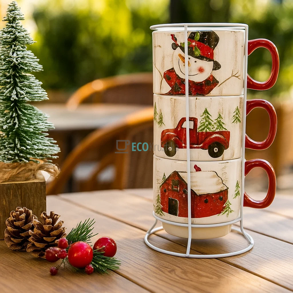 Набір кухлів 3 шт із металевою підставкою 400 мл «Веселий Сніговик» (DK007-N) Набір кухлів 3 шт із металевою підставкою 400 мл «Веселий Сніговик» (DK007-N)