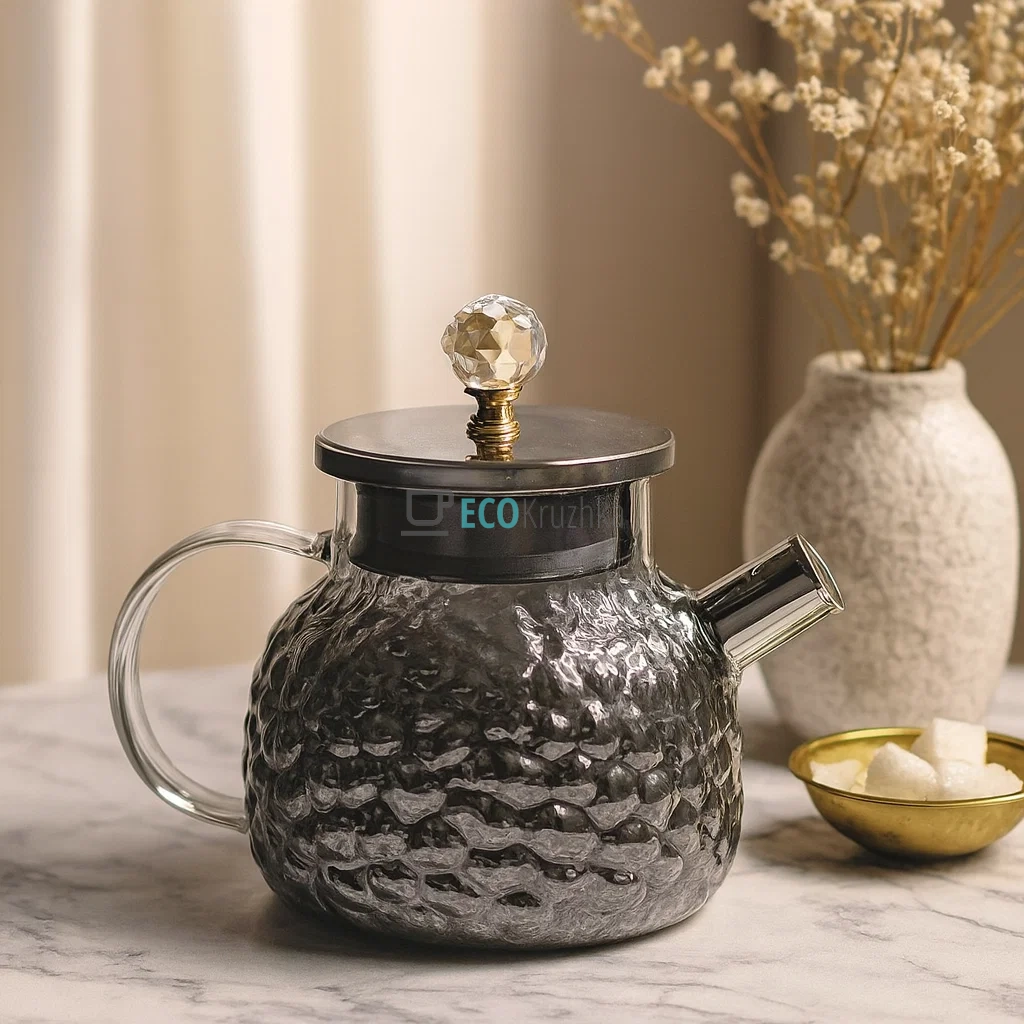 Заварник для чаю 1 л з металевою кришкою Скляний  Сірий перламут (777-6)