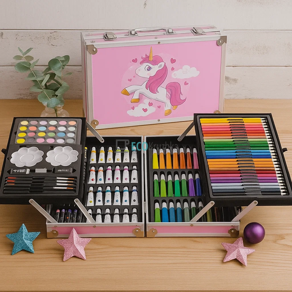 Набір для малювання і творчості 145 предметів в металевій валізі – рожевий (JU-11322)