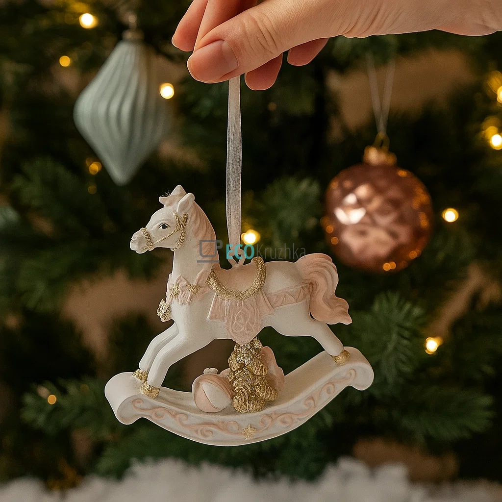 Декоративна підвісна фігурка «Конячка‑гойдалка» 8 см біло‑рожева (K07-340)