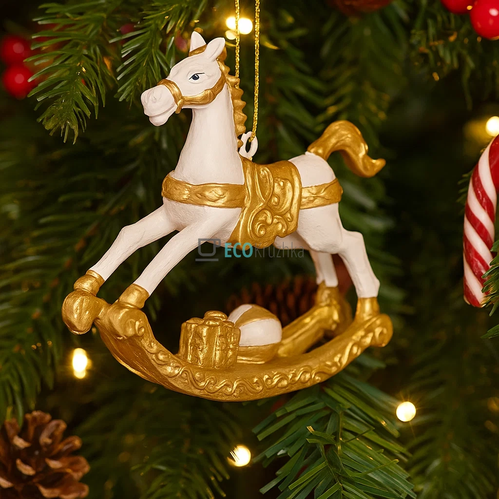 Декоративна підвіска «Конячка‑гойдалка» 8×2×7,5 см біло‑золотий (K07-828)