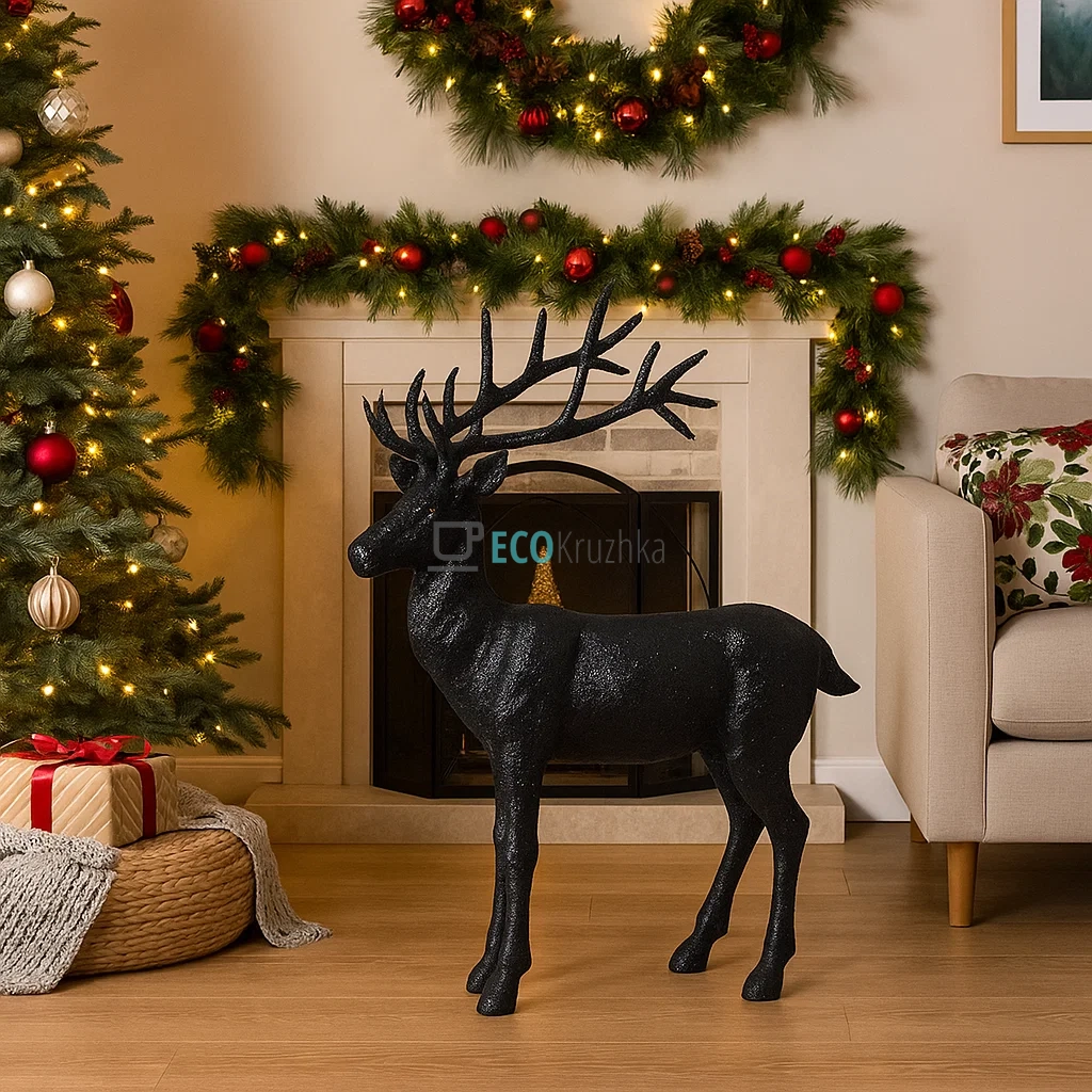 Новорічна фігура Олень 76 см чорний гліттер (113-O51) Новорічна фігура Олень 76 см чорний гліттер (113-O51)