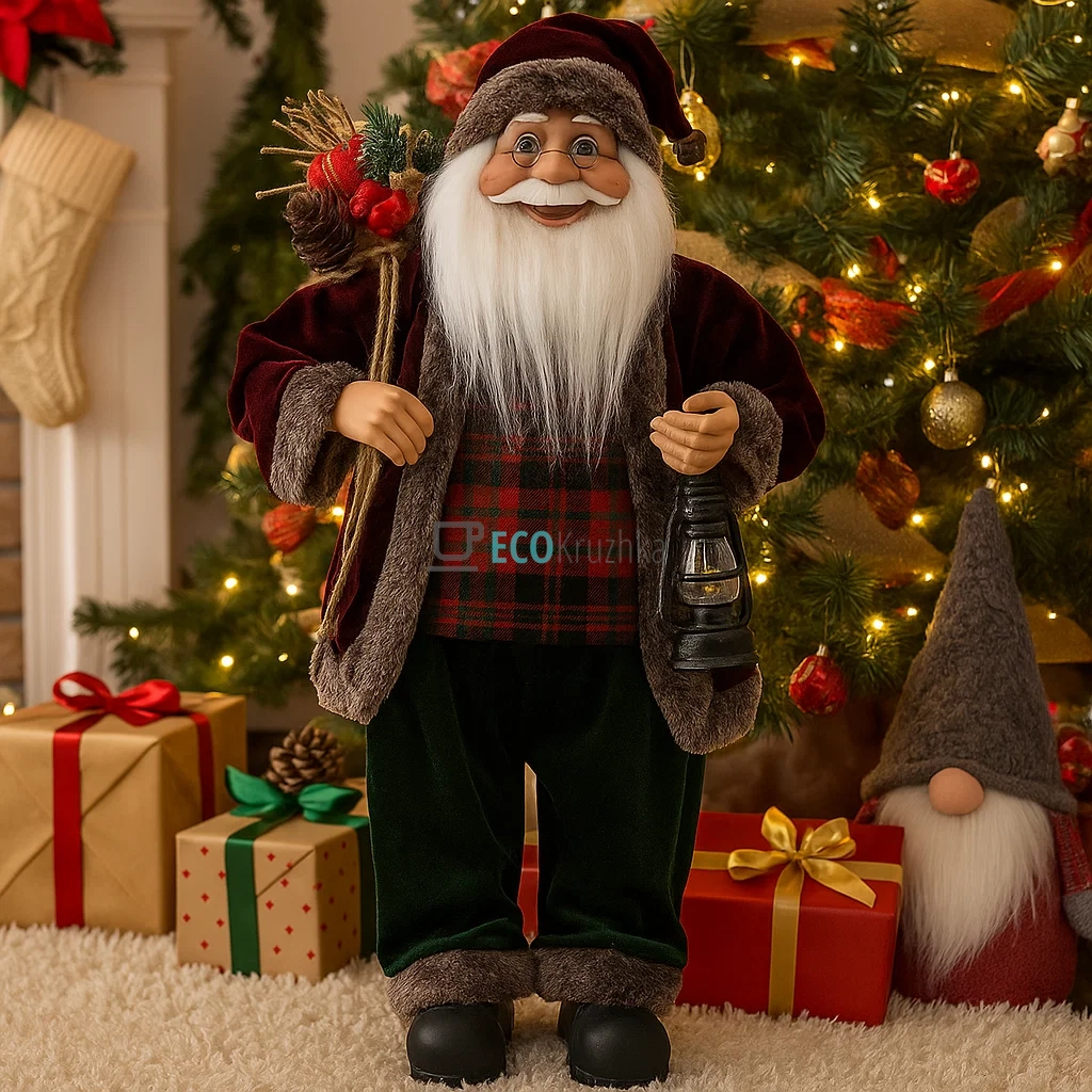 Новорічна фігура Санта 60 см з мішком подарунків та ліхтариком (NY14-835) Новорічна фігура Санта 60 см з мішком подарунків та ліхтариком (NY14-835)