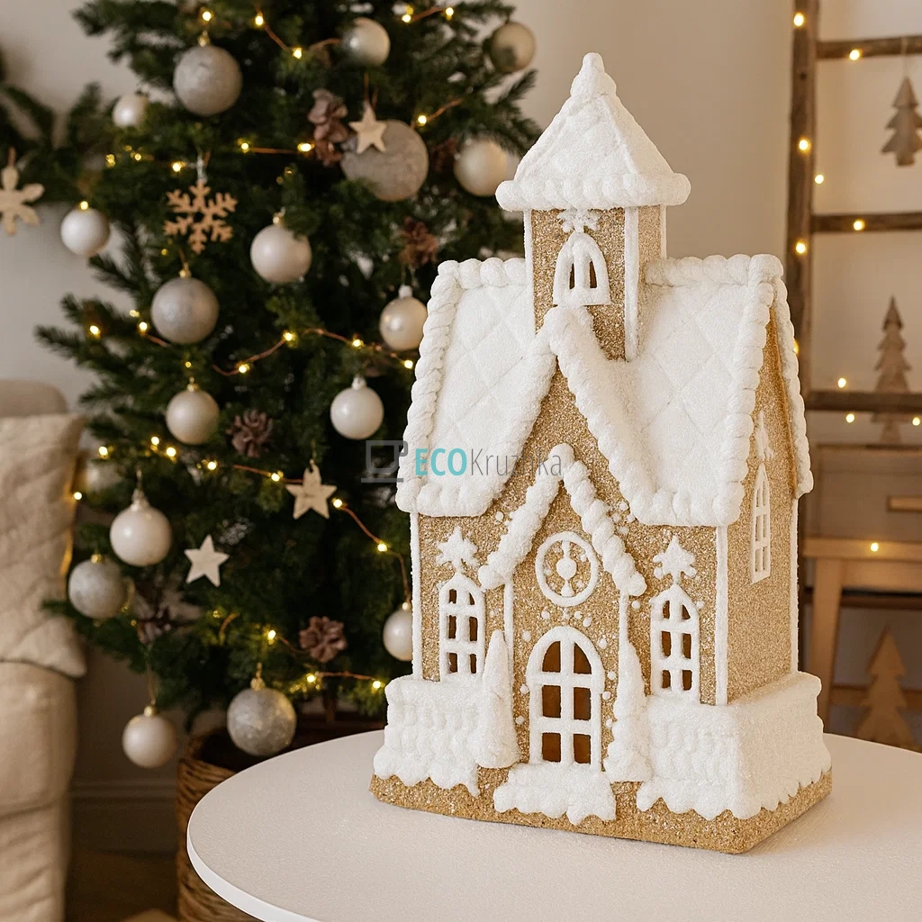 Декоративна фігура з LED підсвічуванням Пряничний будиночок з глітером 32.5 см (837-252) Декоративна фігура з LED підсвічуванням Пряничний будиночок з глітером 32.5 см (837-252)