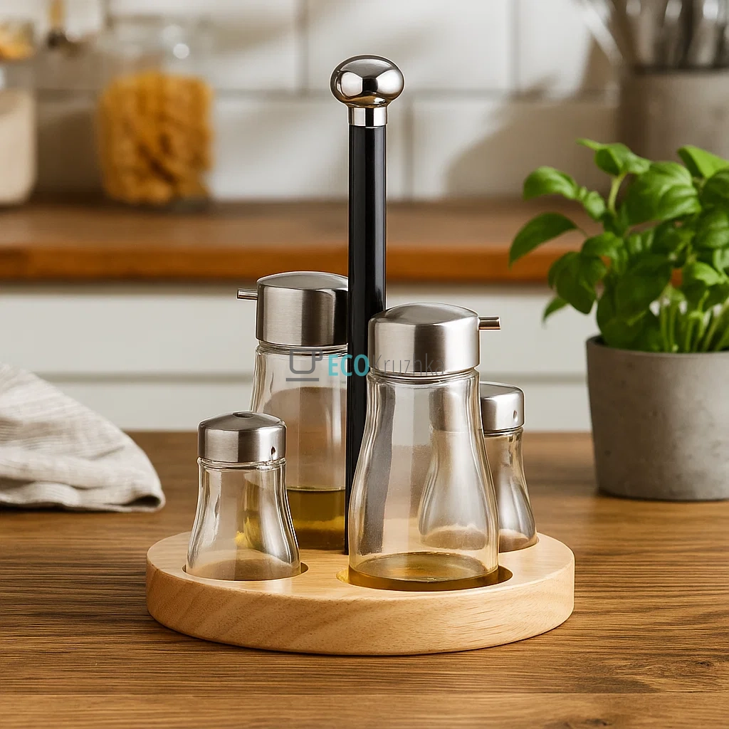 Набір для спецій, олія, оцет на деряній підставці 21х16 EK14009 Набір для спецій, олія, оцет на деряній підставці 21х16 EK14009