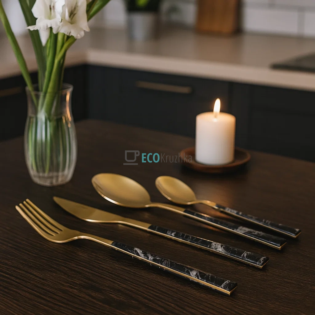 Набір столових приборів Ardesto Gemini Marmo, 16 приборів, нержавіюча сталь, пластик, золотисто-чорний (AR1916MBS)