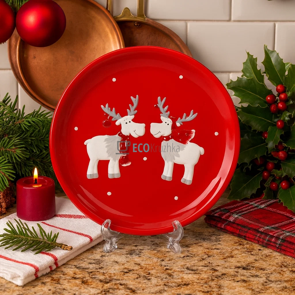  Керамічна тарілка "Братці олені", 22 см, червона (834-322)