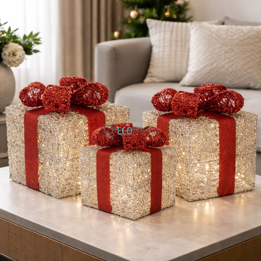 Набір декоративних подарунків з підсвічуванням (3 шт), 15 см, 20 см, 25 см, золото з червоним (Модель NY12-508)