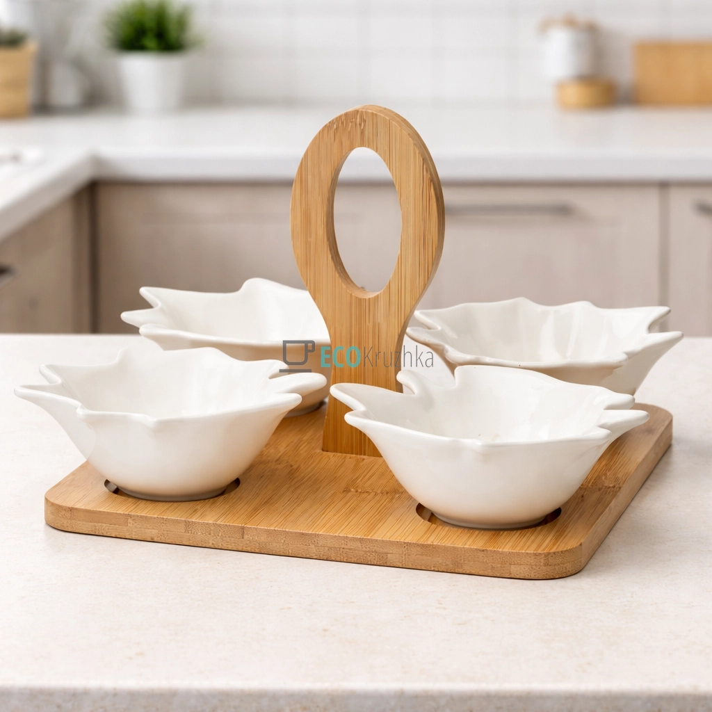 Менажниця 21 см чотирохсекційна із бамбуковой ручкой PJ03195