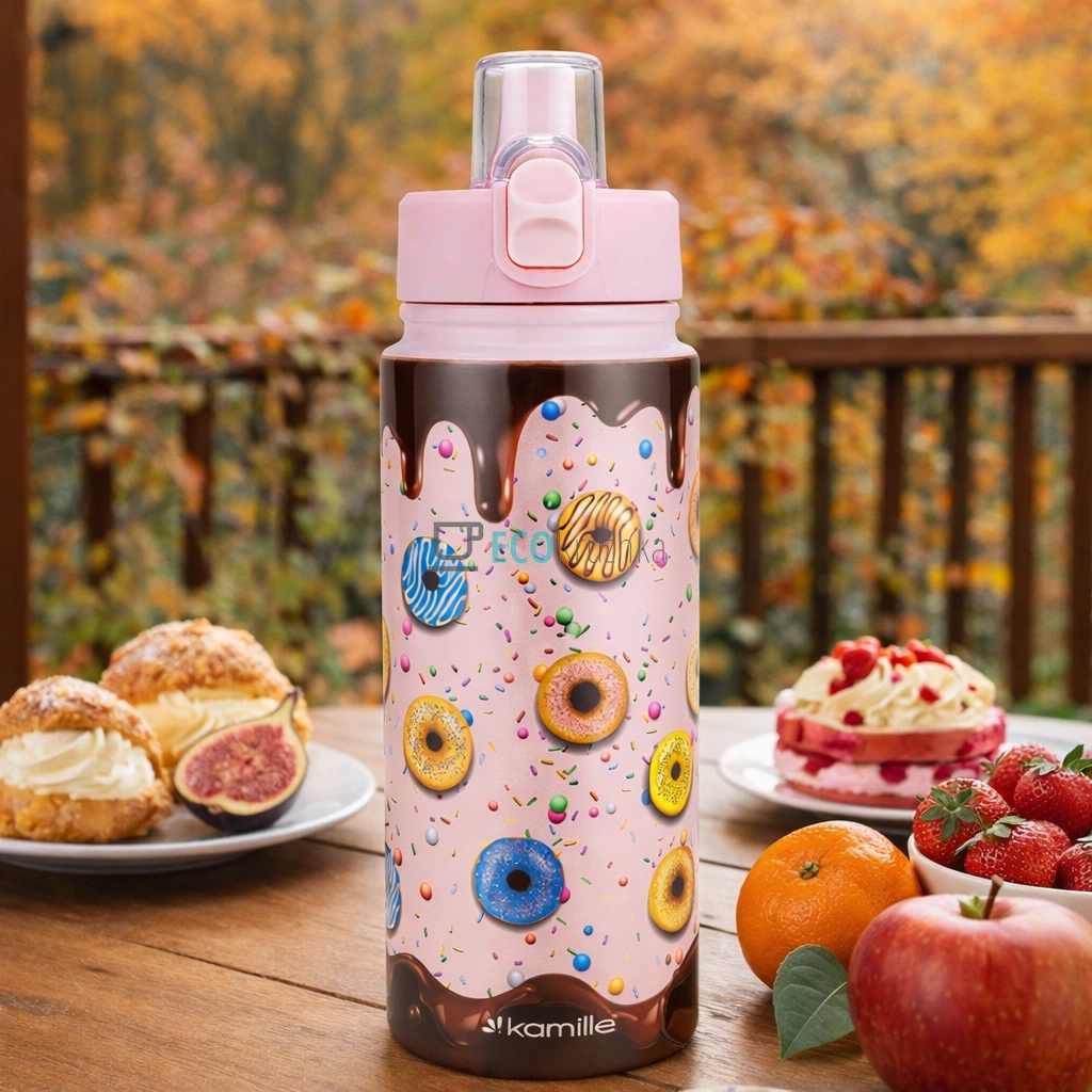 Дитячий термос-поїлка з трубочкою 600 мл Пончик рожевий KM-2164