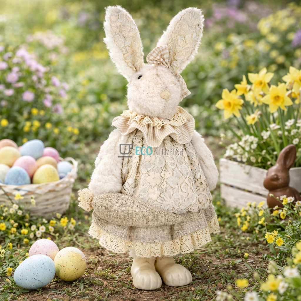 Великодня декоративна фігура Зайчик з морквою бежевий 41 см (831-917)
