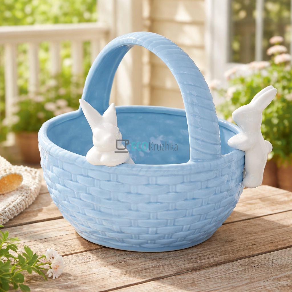 Цукерниця Зайчики в кошику 22 см блакитний (733-547)