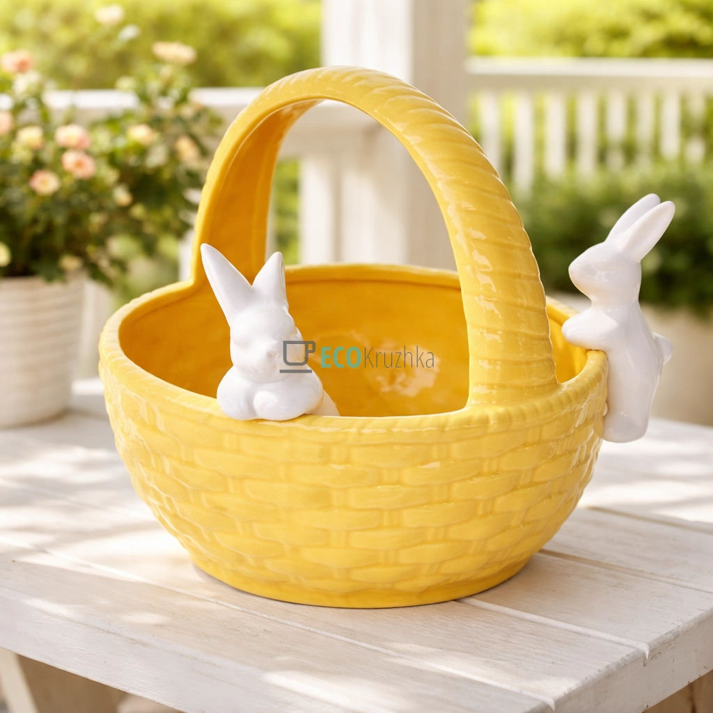 Цукерниця Зайчики в кошику 22 см жовтий (733-548)