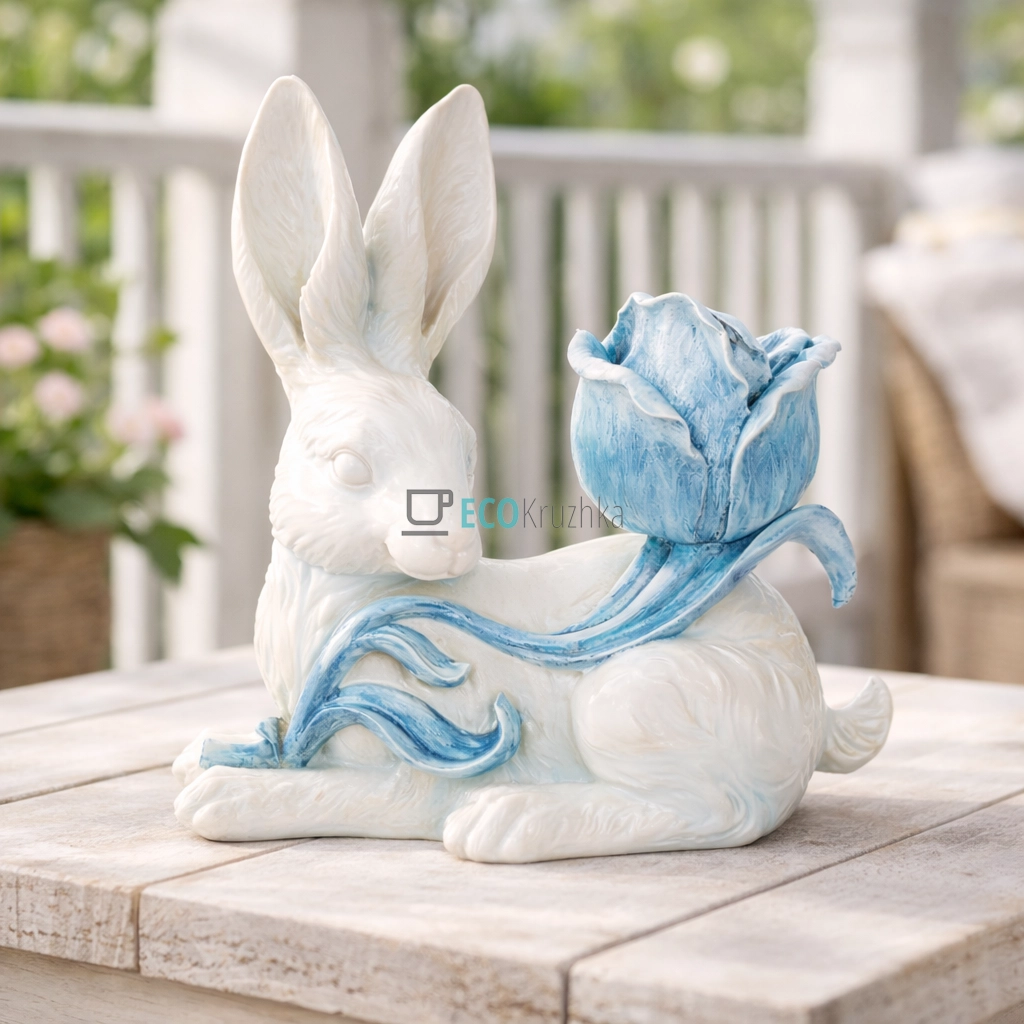 Декоративна фігура Кролик білий з блакитною квіткою 24 см (838-590) Декоративна фігура Кролик білий з блакитною квіткою 24 см (838-590)