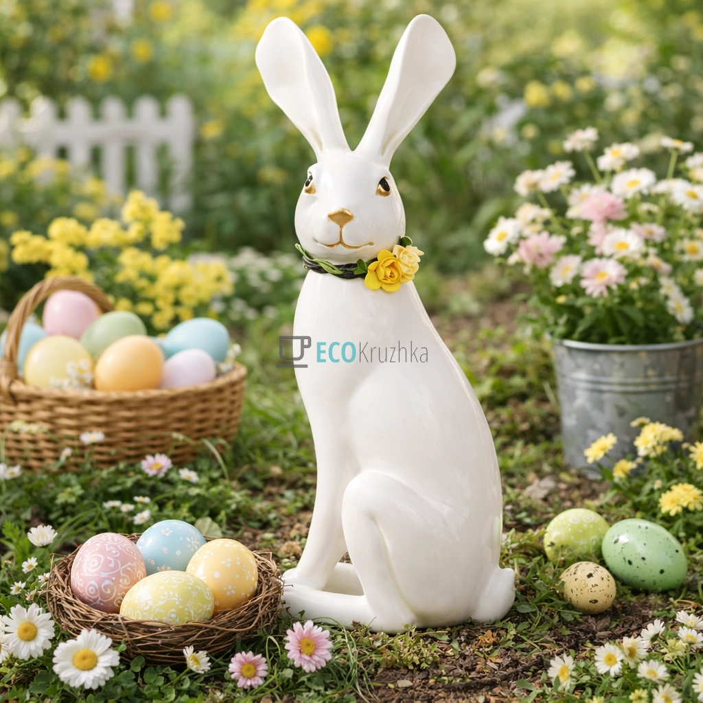 Декоративна статуетка Кролик з віночком 32.5 см білий (218-008)