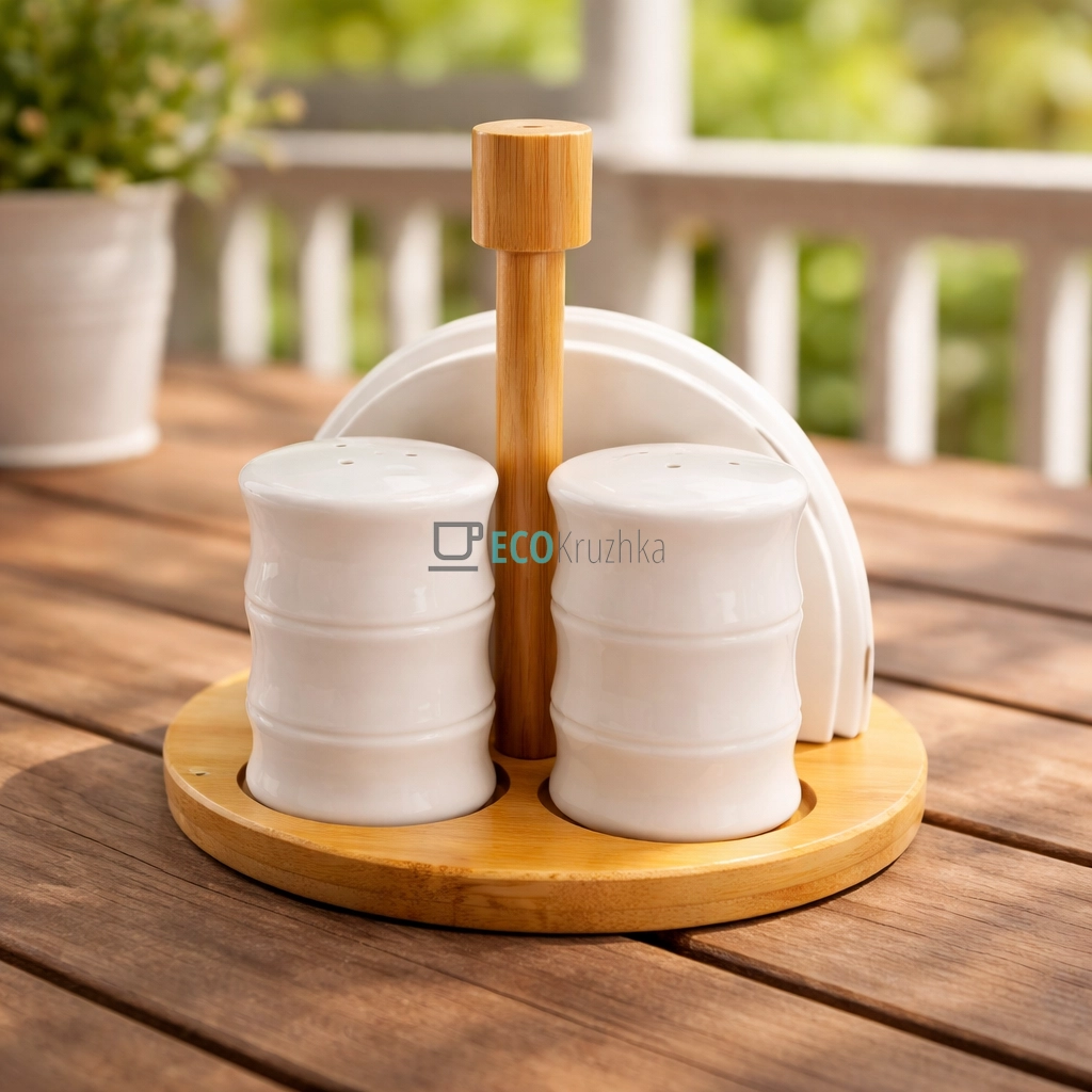 Набір на бамбуковій підставці три предмети (серветниця, сільничка, перечниця) PJ03754