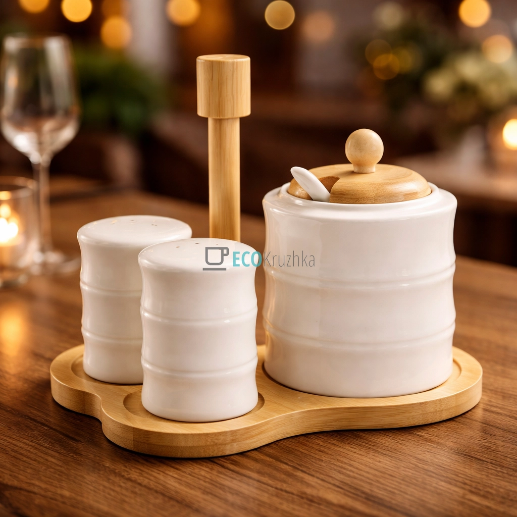 Набір на бамбуковій підставці три предмети (цукорниця, сільничка, перечниця) PJ03753