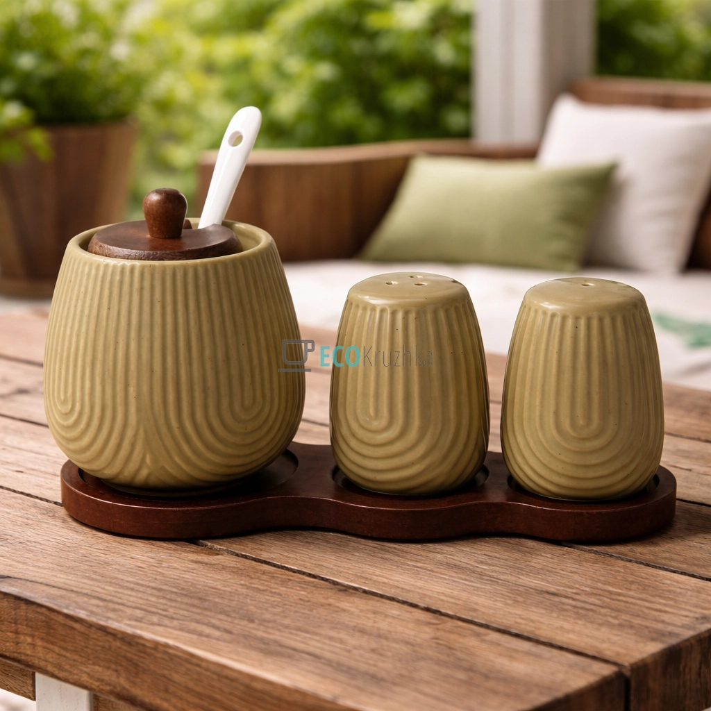 Набір на бамбуковій підставці три предмети (цукорниця, сільничка, перечниця) YM2495