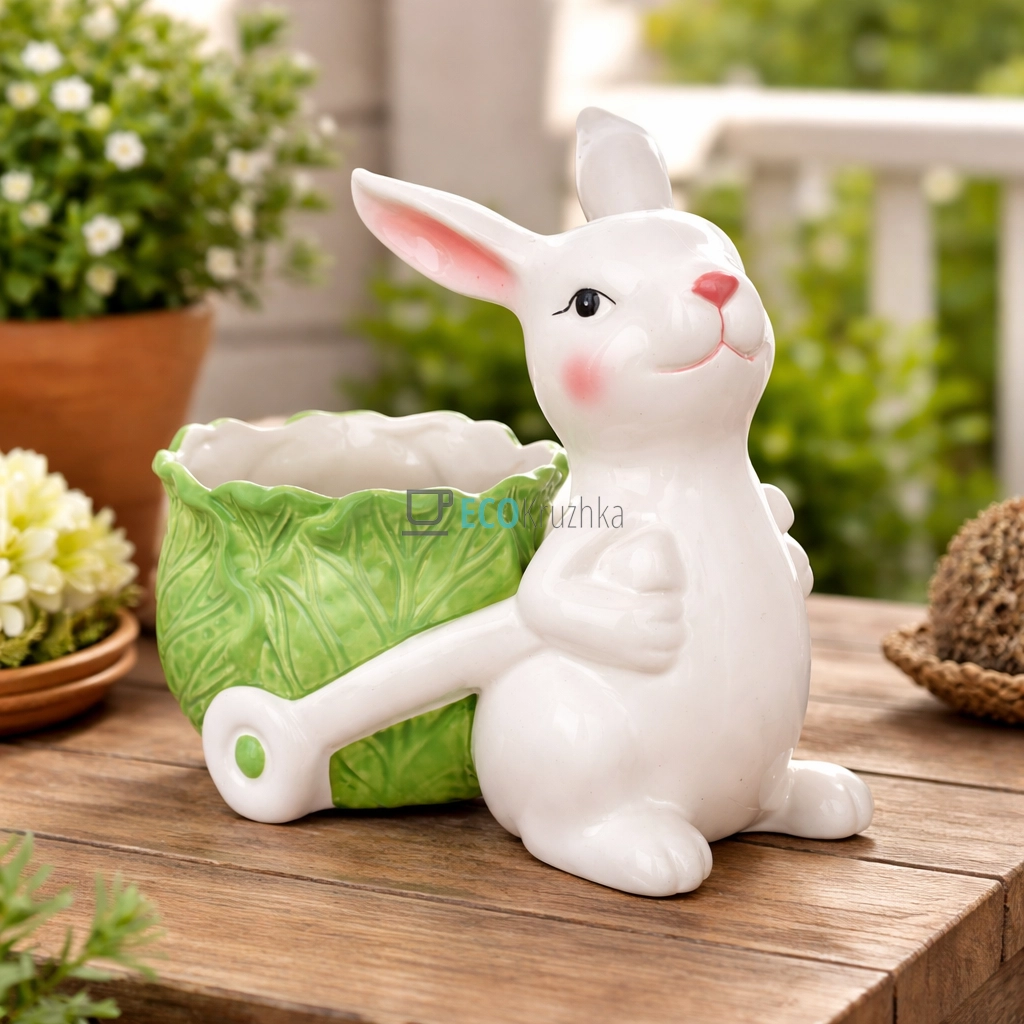 Керамічне кашпо Зайка з візком 20.5 х 12.5 х 18.5 см (928-119)