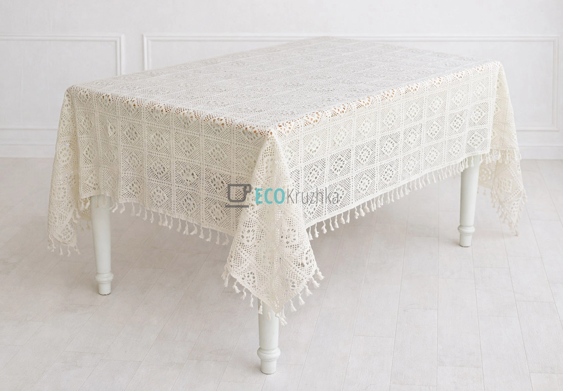 Бавовняна скатертина з в’язаним мереживом і китицями Boho Crochet 110 х 126 см (445-288)