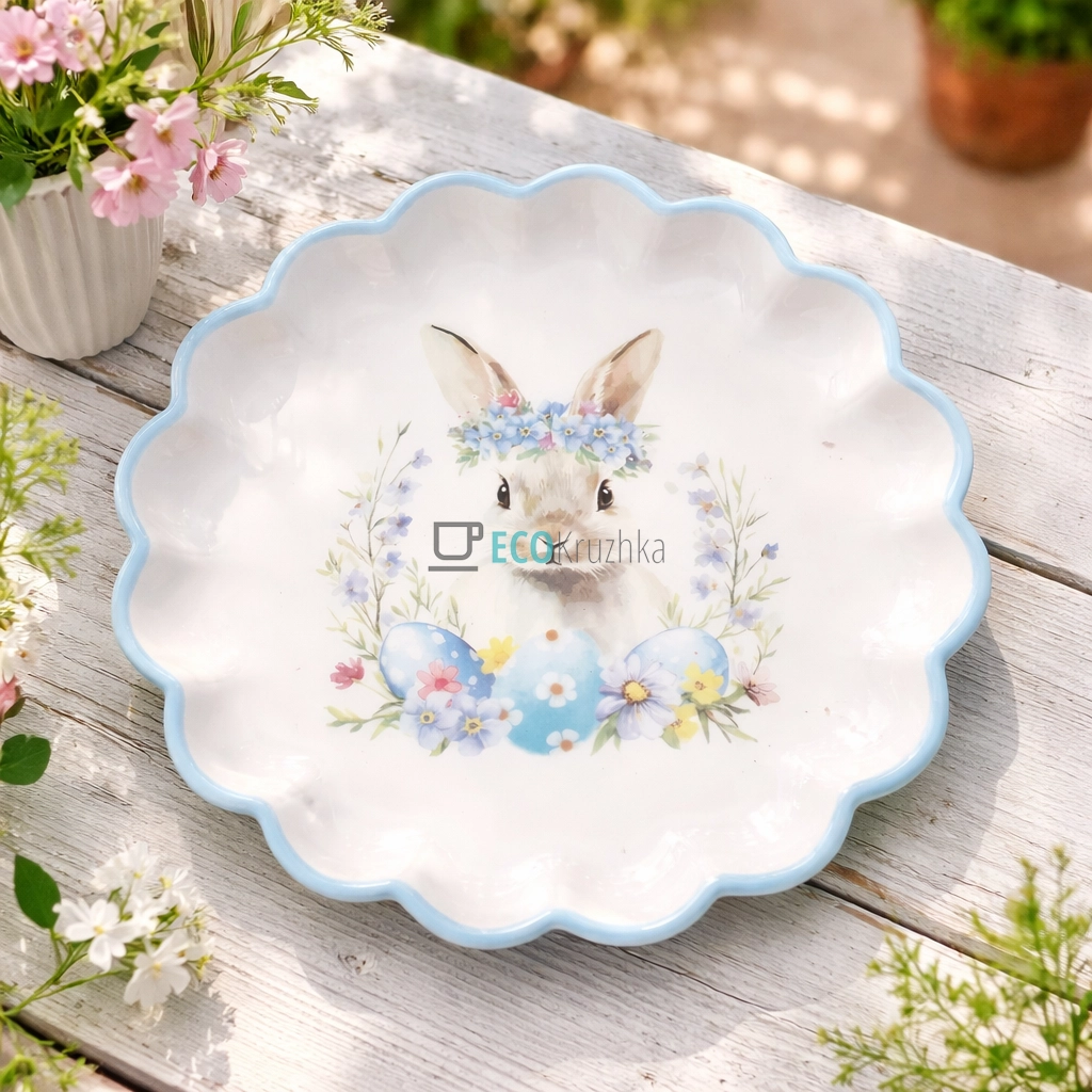 Керамічна тарілка 20 см Зайчик у квітах блакитний (DM189-E)
