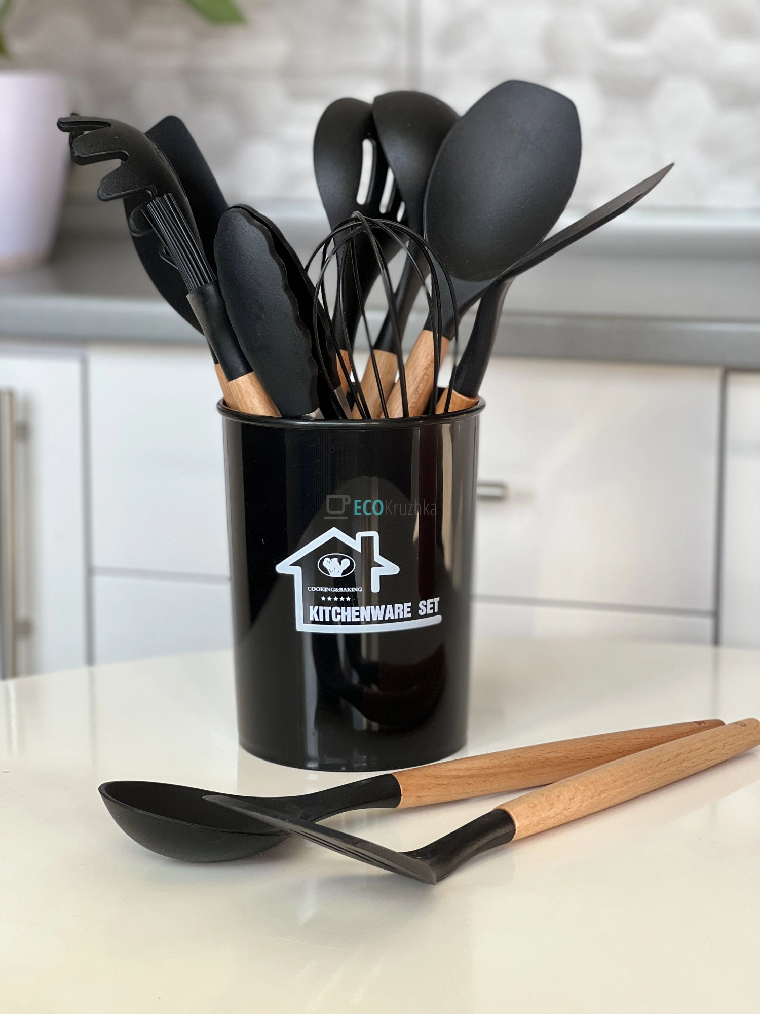 Набір кухонного приладдя 12 предметів з бамбуковою ручкою Чорний APL0350