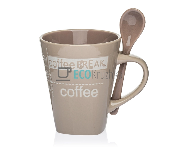 Чашка 310 мл з ложкою Фарфор Coffe Бежевий EK14168