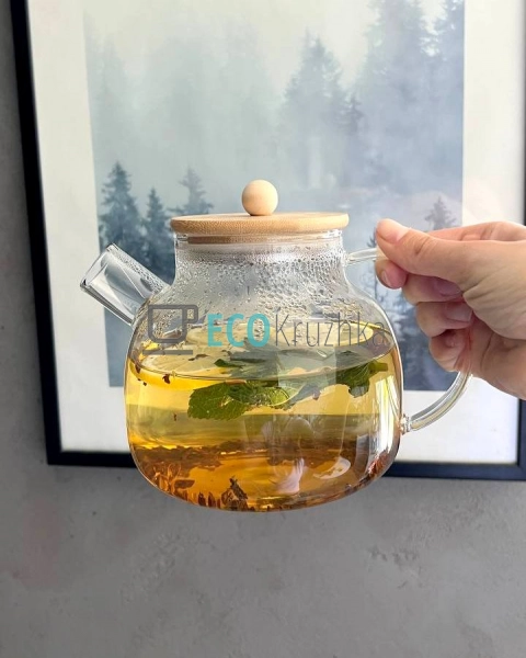 Чайник для заварювання скляний з бамбуковою кришкою 1000 ...