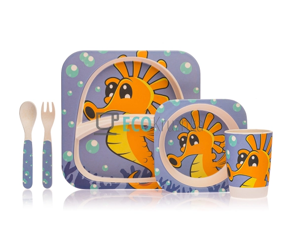 Набір дитячого посуду бамбуковий 5 приладів Морський кон ...