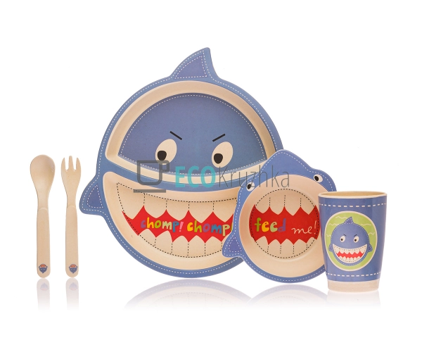 Набір дитячого посуду бамбуковий 5 приладів Акула Eco Ba ...