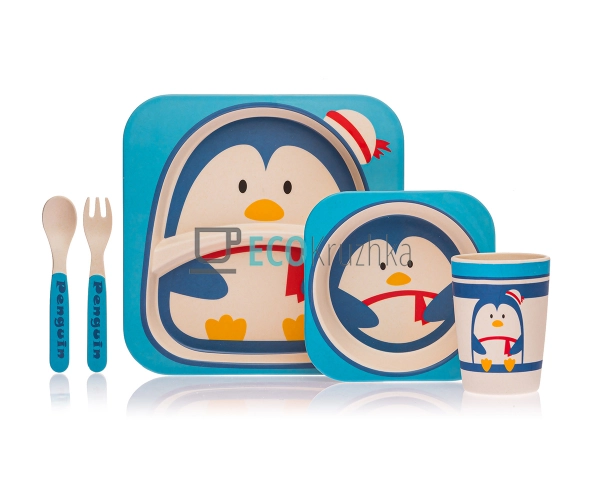 Набір дитячого посуду бамбуковий 5 приладів Пінгвін Eco  ...
