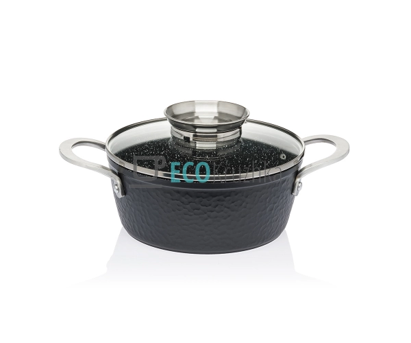 Каструля-казан 2.6 л Чеканка Edenberg з гранітним покриттям та скляною кришкою кругла Чорна EB-3964