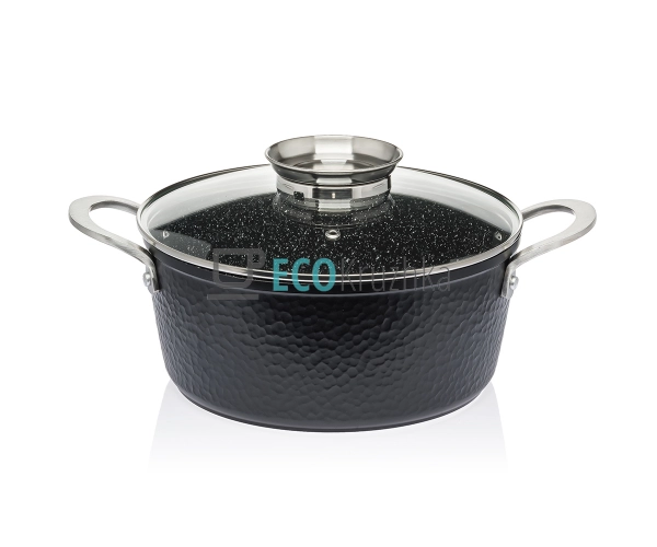 Каструля-казан 4.6 л Чеканка Edenberg з гранітним покриттям та скляною кришкою кругла Чорна EB-3965