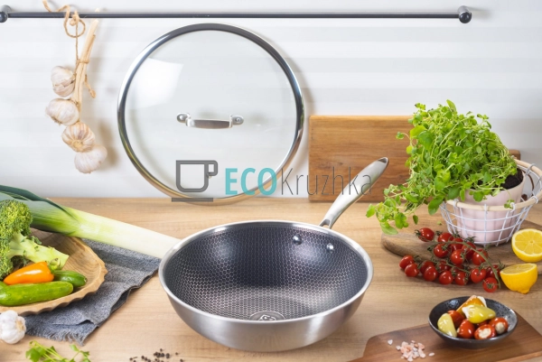 Cковорода WOK 28х8.5 см нержавіюча професійна з кришкою  ...