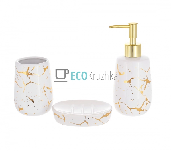 Набір для ванної кімнати (3 предмети) дозатор для мила, склянка для зубних щіток та мильниця, дизайн - білий із золотом 851-324