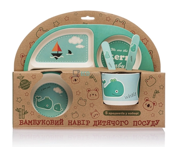 Набір дитячого посуду бамбуковий 5 приладів Кіт Eco Bamb ...
