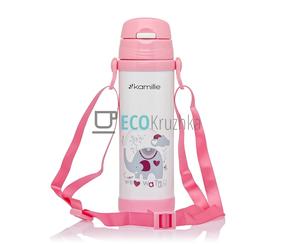Дитяча термо-поїлка з трубочкою Kamille 500мл з нержавіючої сталі Рожева KM-2086