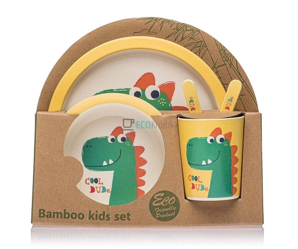 Набір дитячого посуду бамбуковий 5 приладів Динозавр Eco ...