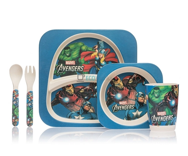 Набір дитячого посуду бамбуковий 5 приладів Супергерої E ...