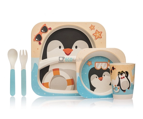 Набір дитячого посуду бамбуковий 5 приладів Пінгвін Eco  ...