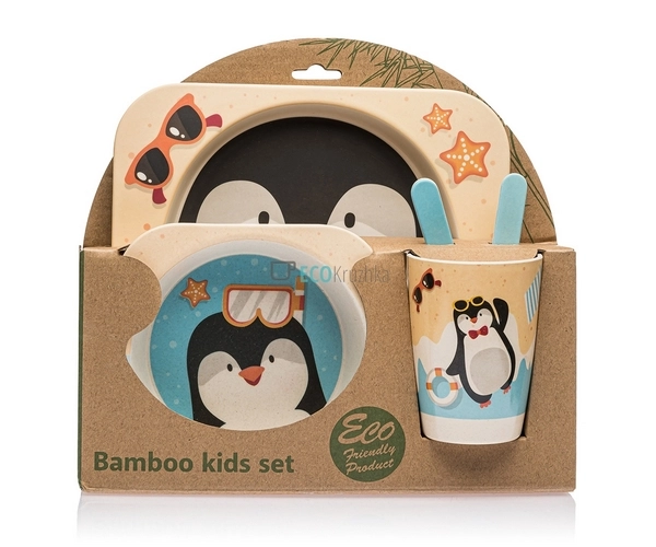 Набір дитячого посуду бамбуковий 5 приладів Пінгвін Eco  ...