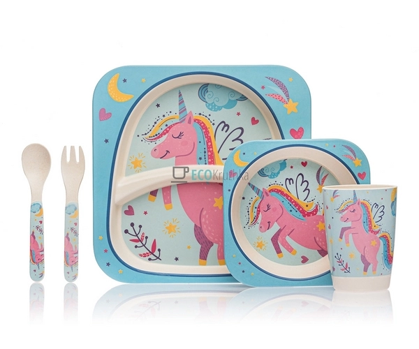 Набір дитячого посуду бамбуковий 5 приладів Єдиноріг Eco ...