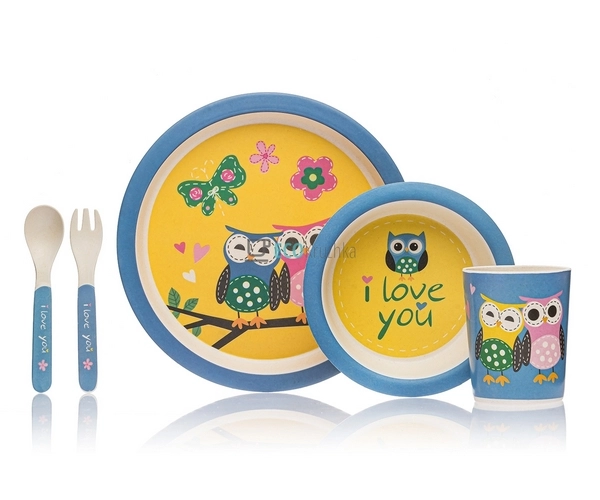 Набір дитячого посуду бамбуковий 5 приладів Сова Eco Bam ...